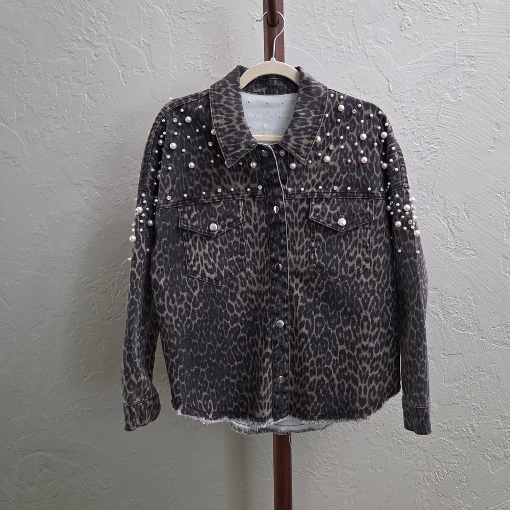 J107. Leopard Print Embellished Pearl And Rhinestone Denim Jacket